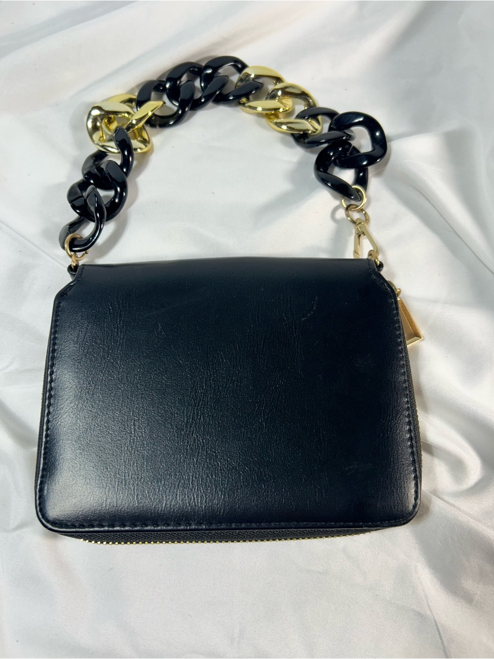 UNIQUE retro Black faux Leather Clutch wallet with Black and Gold Chain Strap